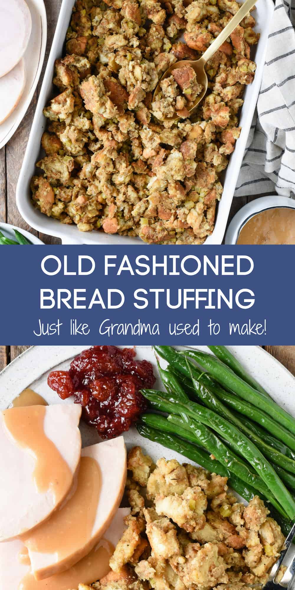 Collage of images of baking dish filled with bread stuffing, and plate of Thanksgiving food, with overlay: OLD FASHIONED BREAD STUFFING Just like Grandma used to make!