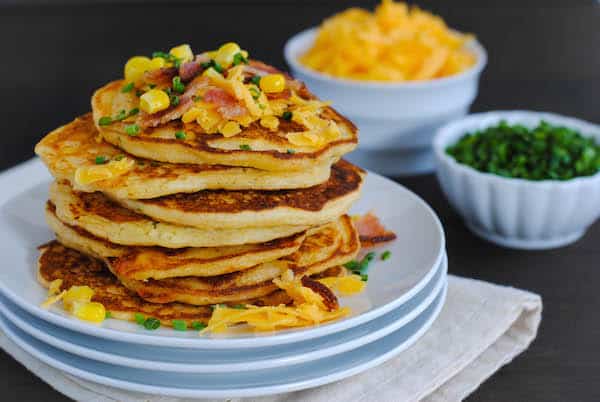 Bacon, Corn & Cheddar Pancakes - A savory treat for breakfast or breakfast-for-dinner! | foxeslovelemons.com
