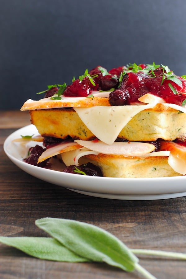 Thanksgiving Leftover Waffles - Savory buttermilk and herb waffles topped with Havarti cheese, and leftover turkey and cranberries! | foxeslovelemons.com