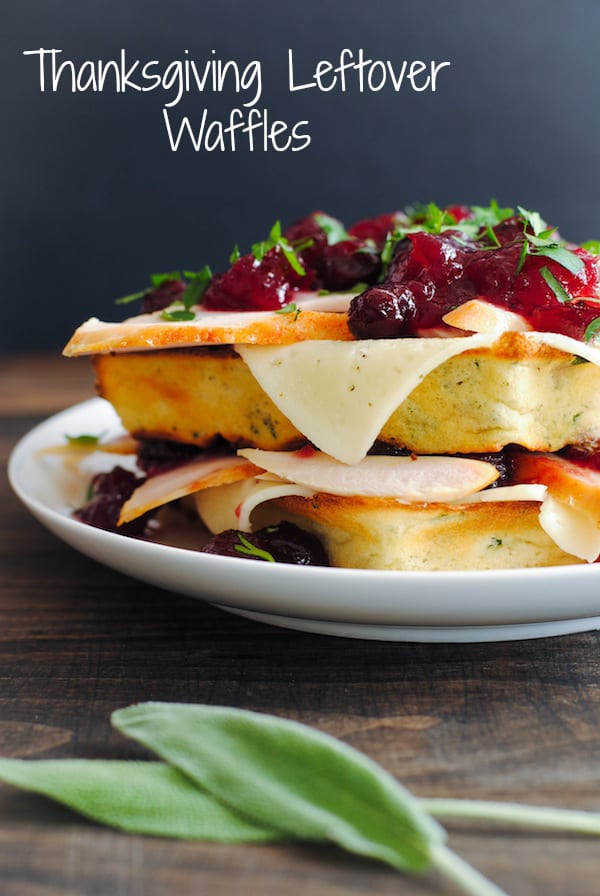 Thanksgiving Leftover Waffles - Savory buttermilk and herb waffles topped with Havarti cheese, and leftover turkey and cranberries! | foxeslovelemons.com