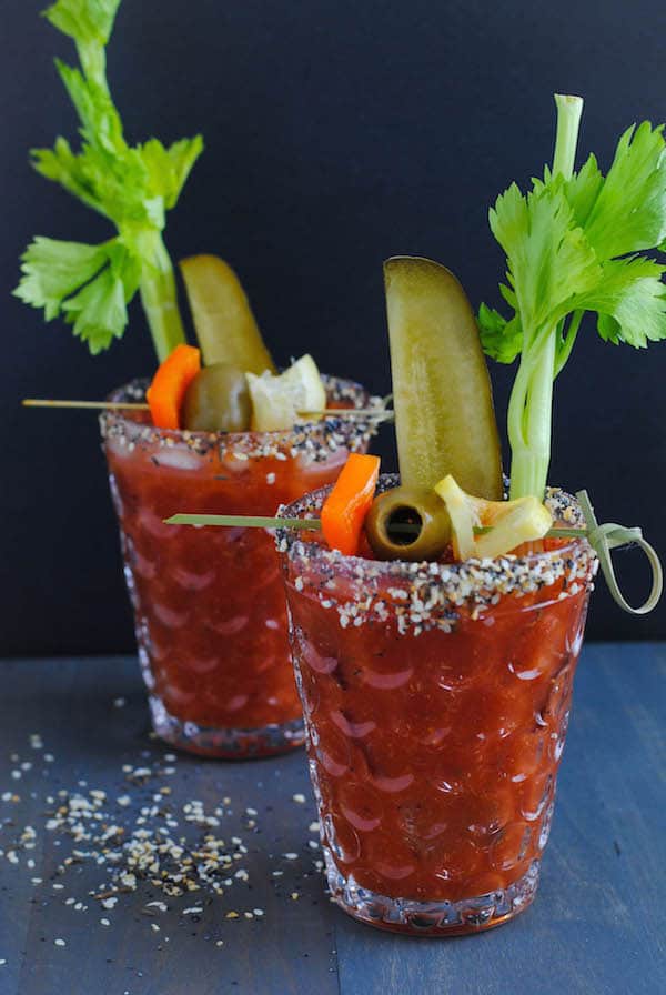 Bloody Mary with Everything Bagel Rim - A homemade version of the classic brunch cocktail, rimmed with everything bagel seasoning mix! | foxeslovelemons.com