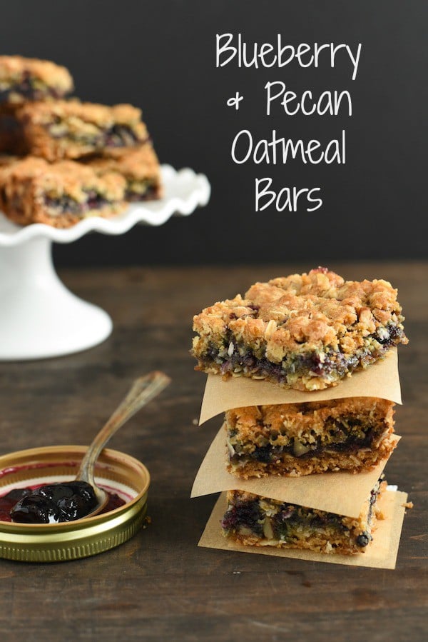 Blueberry-Pecan Oatmeal Bars - Oatmeal and pecan bars layered with blueberry jam. Perfect for breakfast, dessert or a bake sale! | foxeslovelemons.com