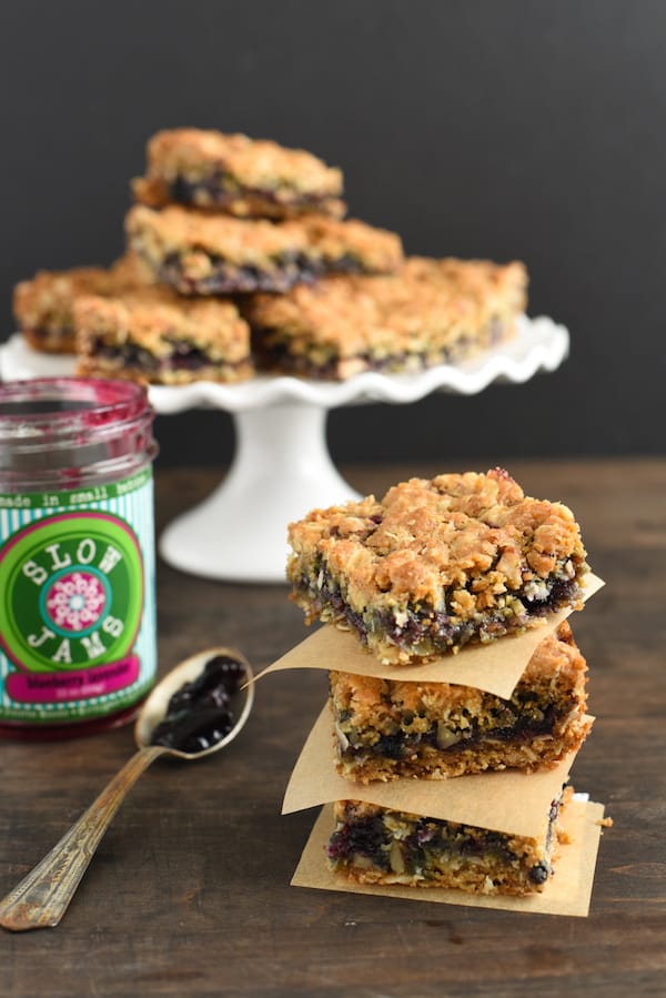Blueberry-Pecan Oatmeal Bars - Oatmeal and pecan bars layered with blueberry jam. Perfect for breakfast, dessert or a bake sale! | foxeslovelemons.com