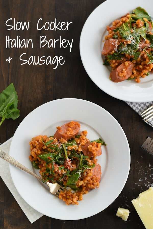 Slow Cooker Italian Barley & Sausage - A healthy, no-fuss meal made with whole grains, lean turkey sausage and spinach! | foxeslovelemons.com