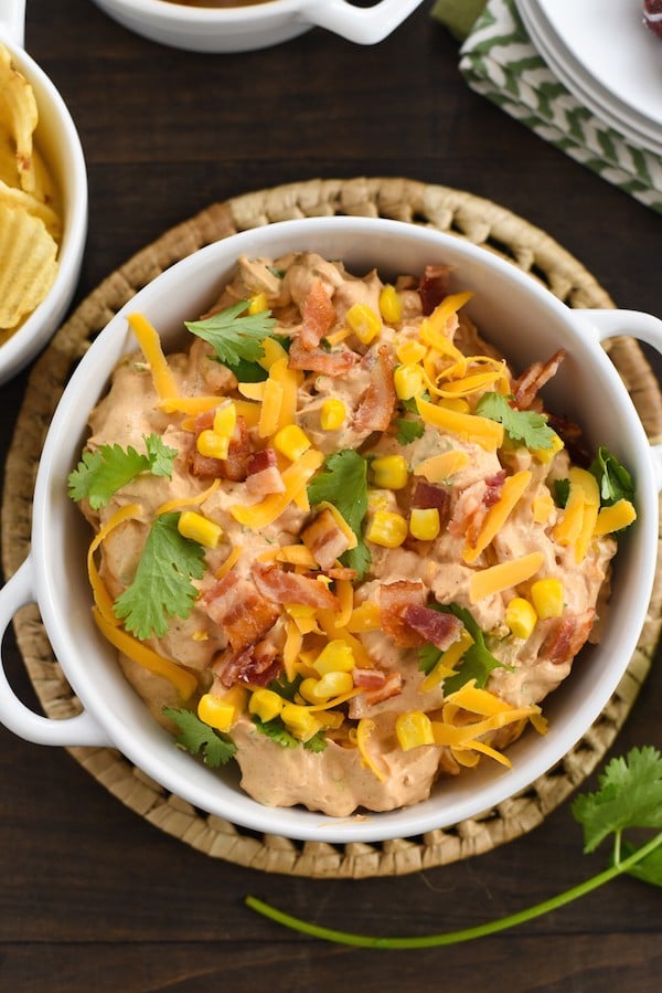 Smoky Barbecue Chicken, Bacon & Corn Dip - All the flavors of a summer barbecue party in a party-perfect chip dip! | foxeslovelemons.com