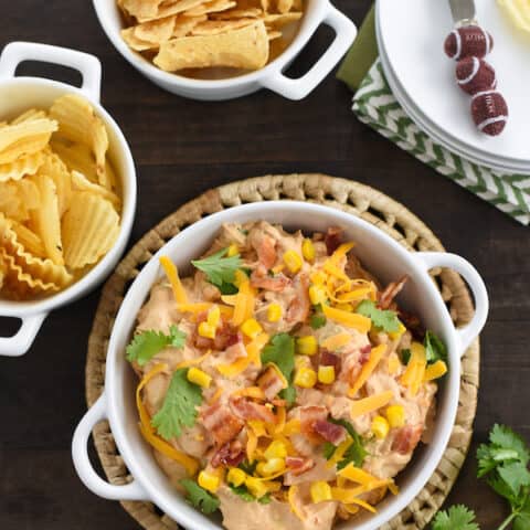 Smoky Barbecue Chicken, Bacon & Corn Dip - All the flavors of a summer barbecue party in a party-perfect chip dip! | foxeslovelemons.com
