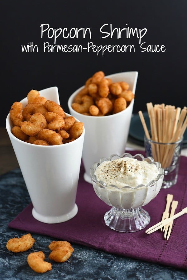 Popcorn Shrimp with Parmesan-Peppercorn Sauce - A quick fix appetizer that impresses! | foxeslovelemons.com