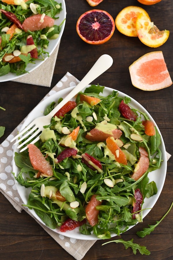 Winter Citrus Salad with Avocado-Basil Dressing - A healthful and flavor-packed salad. Serve as a light lunch, or add shrimp, chicken or chickpeas to turn it into a more substantial meal. | foxeslovelemons.com