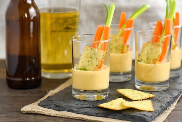 Beer Queso Dip Shooters - Silky smooth queso dip that STAYS silky smooth as it cools! | foxeslovelemons.com