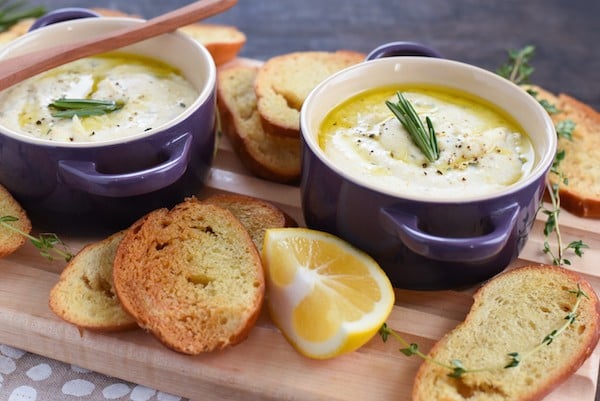 Meyer Lemon Baked Ricotta - A simple yet elegant hot appetizer that is perfect for parties. Simply stir together ricotta cheese, Meyer lemon zest and juice, herbs and seasoning, and pop it into the oven! | foxeslovelemons.com