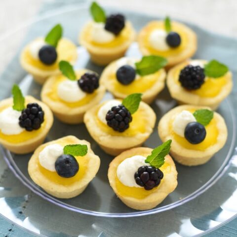 Mini Meyer Lemon Tarts with Ginger Cookie Crust - An adorable mini dessert perfect for baby and bridal showers, Easter, Mother's Day, or any Spring party! | foxeslovelemons.com