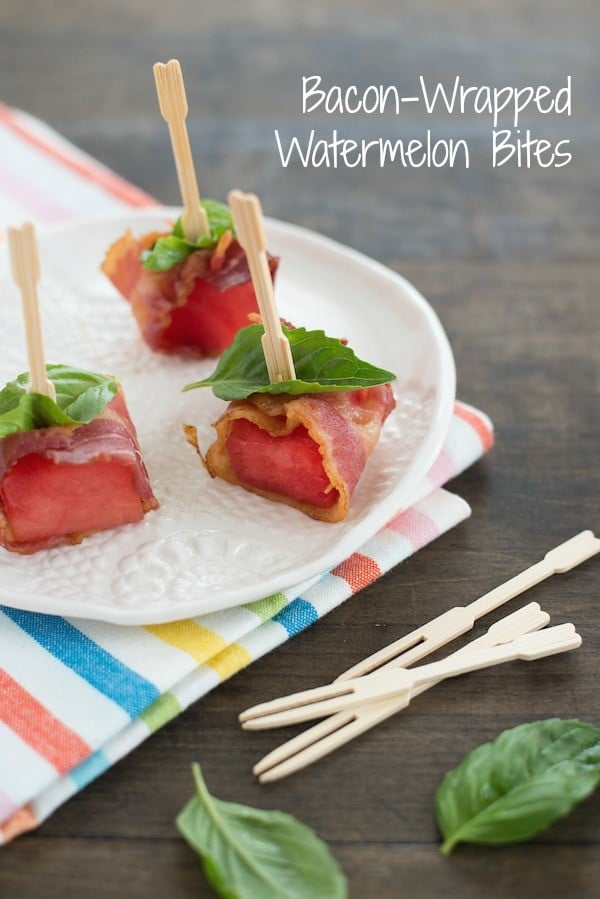 Bacon-Wrapped Watermelon Bites - A simple three-ingredient summer party bite that pairs perfectly with cocktails! | foxeslovelemons.com