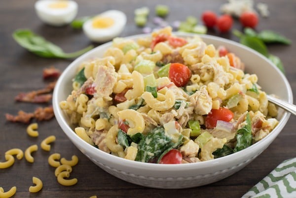 Chicken Cobb Macaroni Salad - Perfect for summer barbecues or graduation parties! Macaroni salad loaded with chicken, bacon, hard-boiled eggs, blue cheese, spinach, tomatoes & celery! | foxeslovelemons.com
