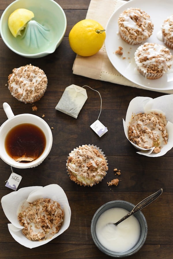 Lemon Earl Gray Streusel Muffins - Coffee cake-inspired muffins, infused with the flavors of tea and lemon zest. Topped with a simple brown sugar streusel and lemony glaze, they are perfect for breakfast or dessert! | foxeslovelemons.com