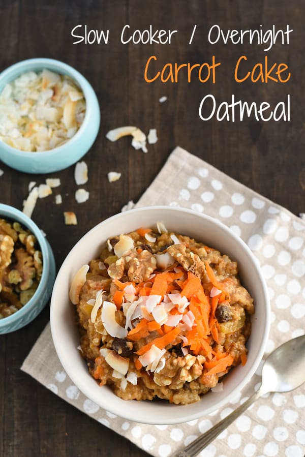 Slow cooker oatmeal topped with carrots and coconut on polka dot napkin. Overlay: Slow Cooker / Overnight Carrot Cake Oatmaeal