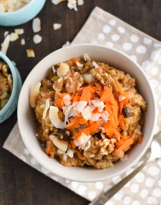 Steel cut oats topped with carrot and coconut.