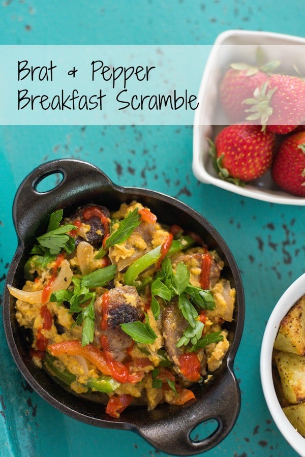 Brat & Pepper Breakfast Scramble - Perfect for Father's Day! A ballpark-inspired egg scramble featuring grilled brats, peppers, onions and cheddar cheese! | foxeslovelemons.com