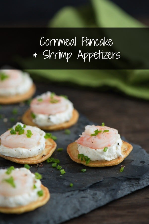 Cornmeal Pancake & Shrimp Appetizers - Elegant and delicious chilled appetizers, perfect for a special party! Mini cornmeal pancakes are topped with dill-horseradish cream and poached shrimp. | foxeslovelemons.com