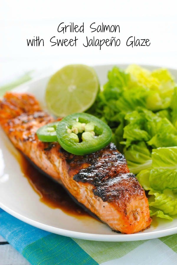 Grilled Salmon with Sweet Jalapeño Glaze - This will be your go-to weeknight meal this summer! Grilled salmon is brushed with a sweet and spicy glaze for a healthful and delicious meal. | foxeslovelemons.com