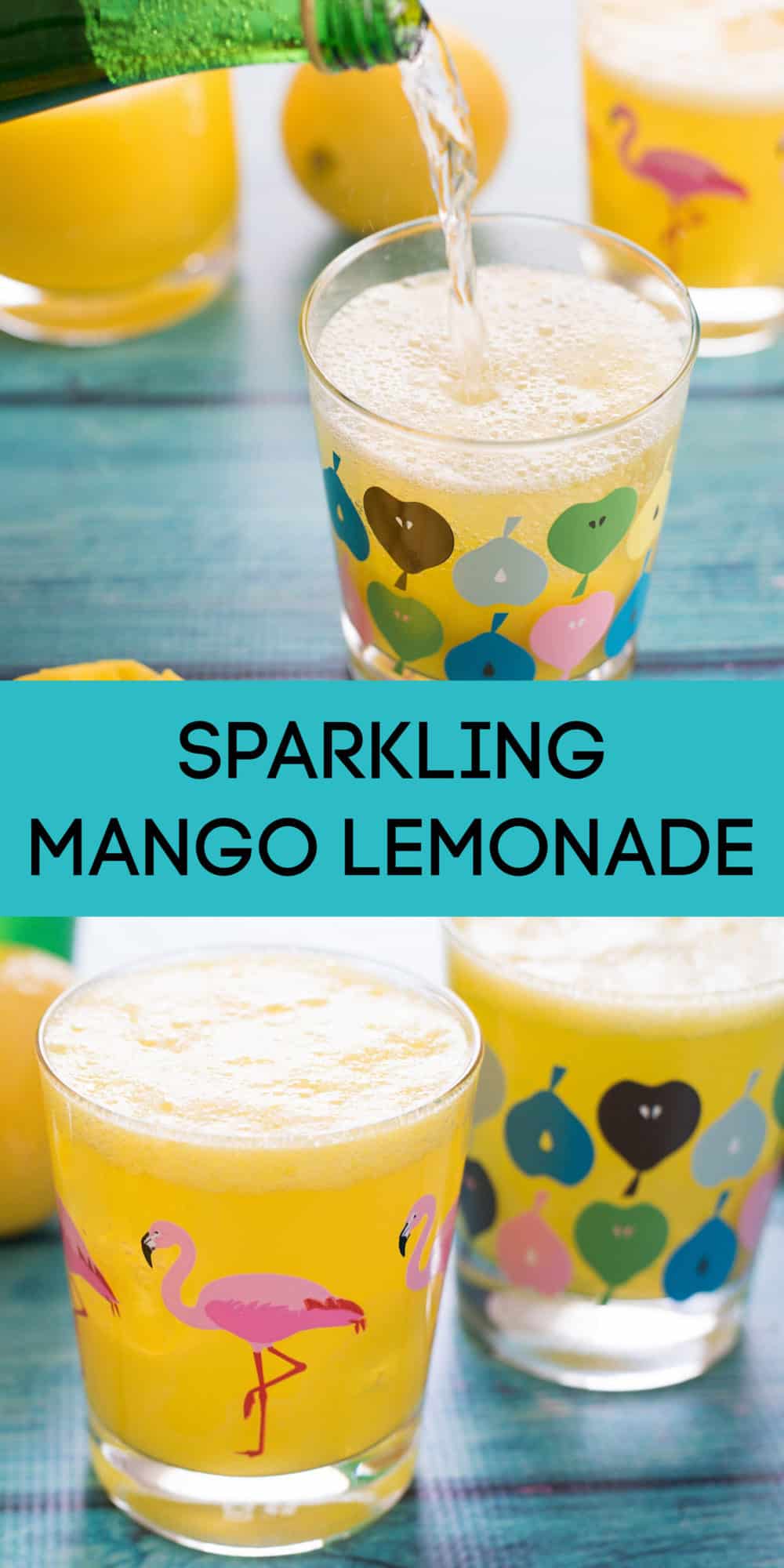 Collage of images of sparkling mango lemonade in printed glasses on teal background. Overlay: SPARKLING MANGO LEMONADE.