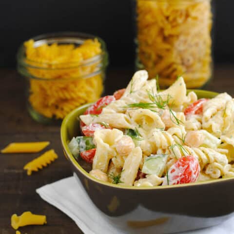 Mixed Shape Pasta Salad - Have a pantry cupboard full of odds and ends of different types of pasta? Use up a few varieties with this fun twist on pasta salad! | foxeslovelemons.com