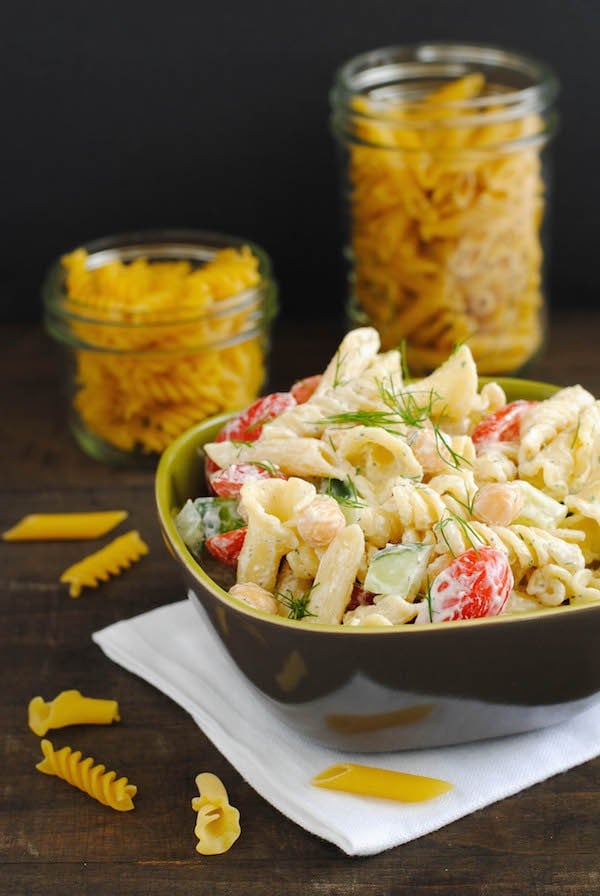 Mixed Shape Pasta Salad - Have a pantry cupboard full of odds and ends of different types of pasta? Use up a few varieties with this fun twist on pasta salad! | foxeslovelemons.com