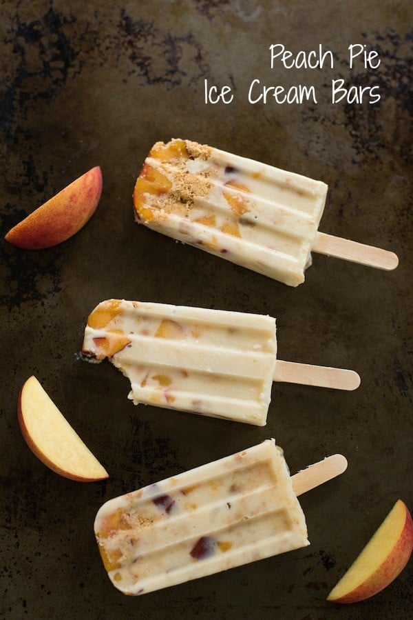 Peach Pie Ice Cream Bars - An irresistible combination of fresh peaches, crumbled pie crust and creamy frozen custard. | foxeslovelemons.com