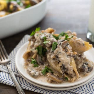 Beef Stroganoff Stuffed Shells - Take comfort food to the next level with this combination of stuffed shells and creamy beef and mushroom stroganoff! | foxeslovelemons.com