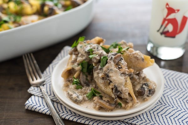 Beef Stroganoff Stuffed Shells - Take comfort food to the next level with this combination of stuffed shells and creamy beef and mushroom stroganoff! | foxeslovelemons.com