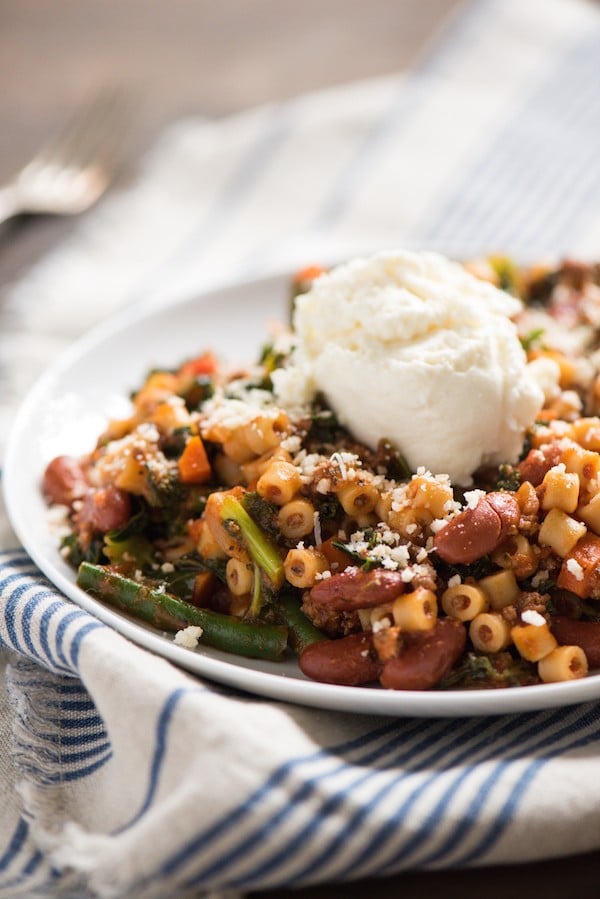 Minestrone Pasta Sauté with Ricotta - All the good stuff from minestrone soup, served up in a skillet meal. Top with ricotta and parmesan cheese! | foxeslovelemons.com