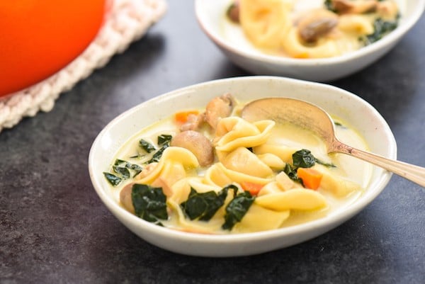 Creamy Chicken, Tortellini & Mushroom Soup - Serve up comfort the whole family will love with this easy one-pot meal. Bonus: lots of veggies! | foxeslovelemons.com