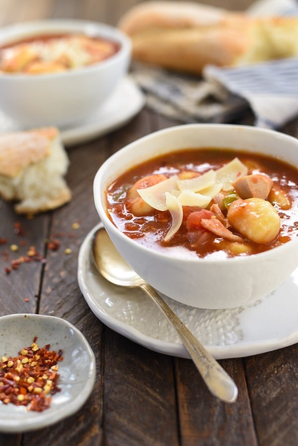 Turkey & Gnocchi Arrabiata Soup - Use leftover turkey (or chicken) and potato gnocchi for this quick-fix Italian-inspired soup! | foxeslovelemons.com