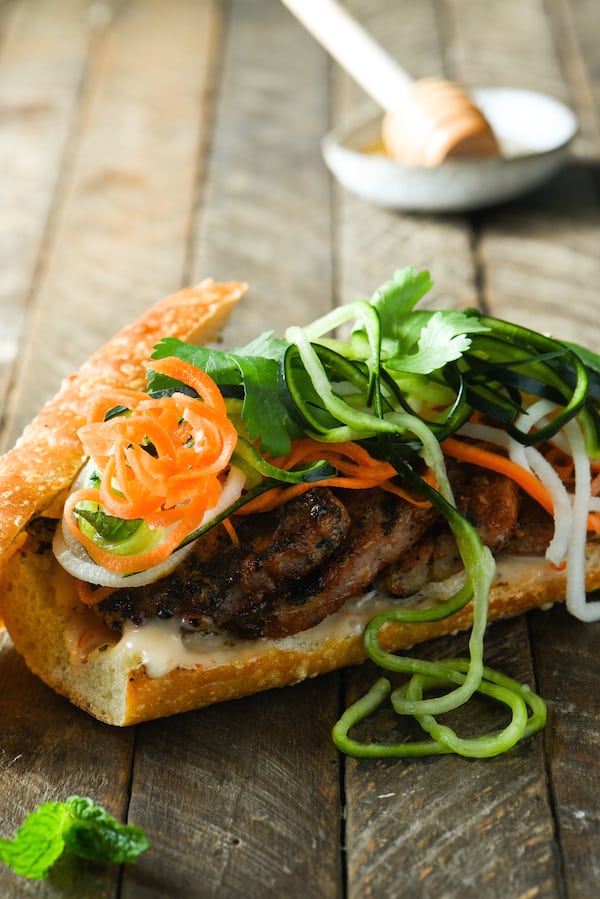 Honey Grilled Pork Banh Mi with Spiralized Pickled Vegetables Foxes Love Lemons