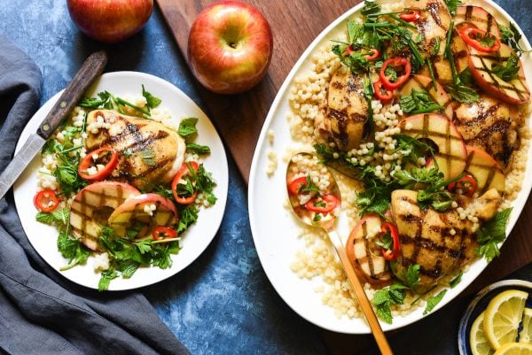 Grilled Chicken & Apples with Couscous - A beautiful, healthful grilled meal for summer or fall! | foxeslovelemons.com