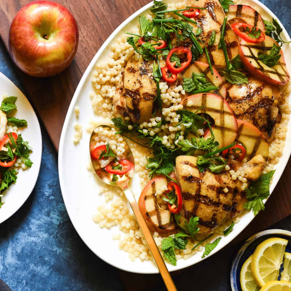 Grilled Chicken & Apples with Couscous - A beautiful, healthful grilled meal for summer or fall! | foxeslovelemons.com