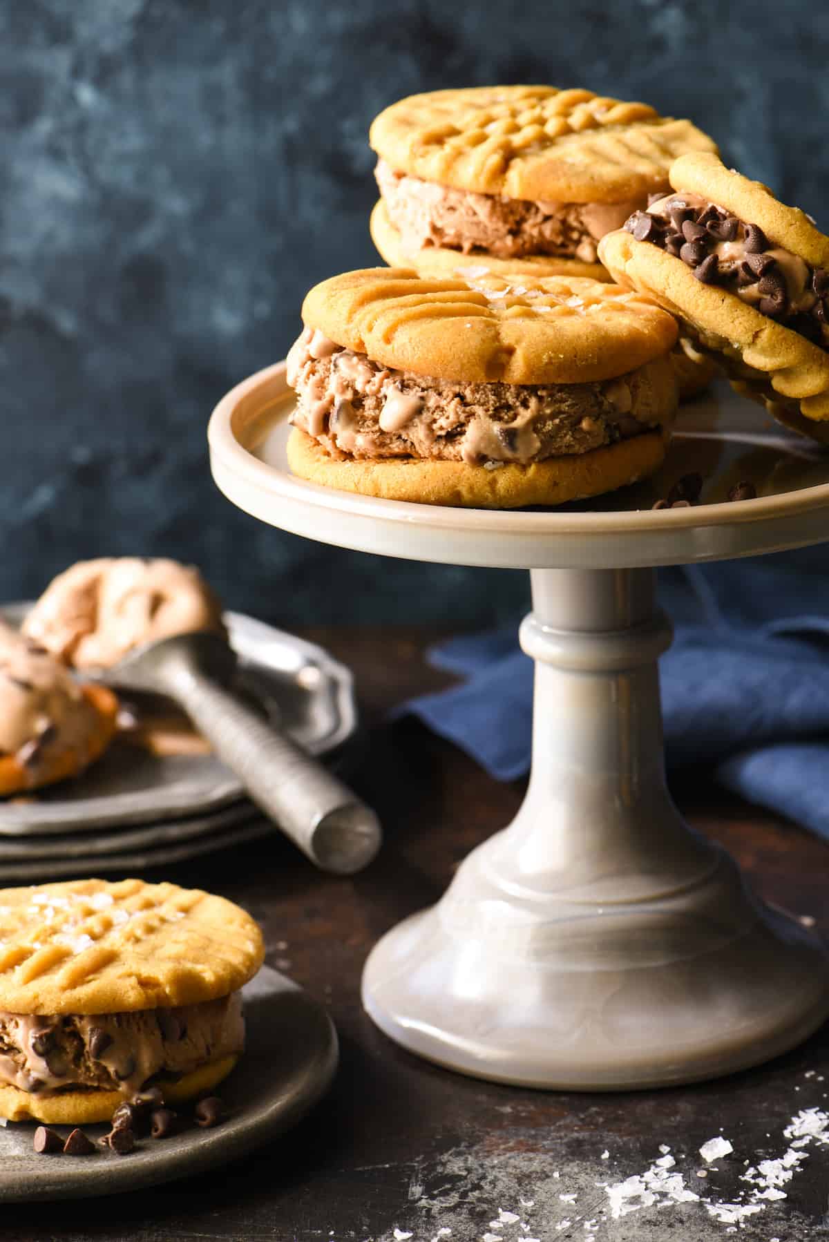 Salted Peanut Butter and Chocolate-Chocolate Chip Ice Cream Sandwiches - Make these for the chocolate and peanut butter lover in your life! Peanut butter cookies are finished with flaky sea salt and then sandwiched with triple-chocolate ice cream. | foxeslovelemons.com