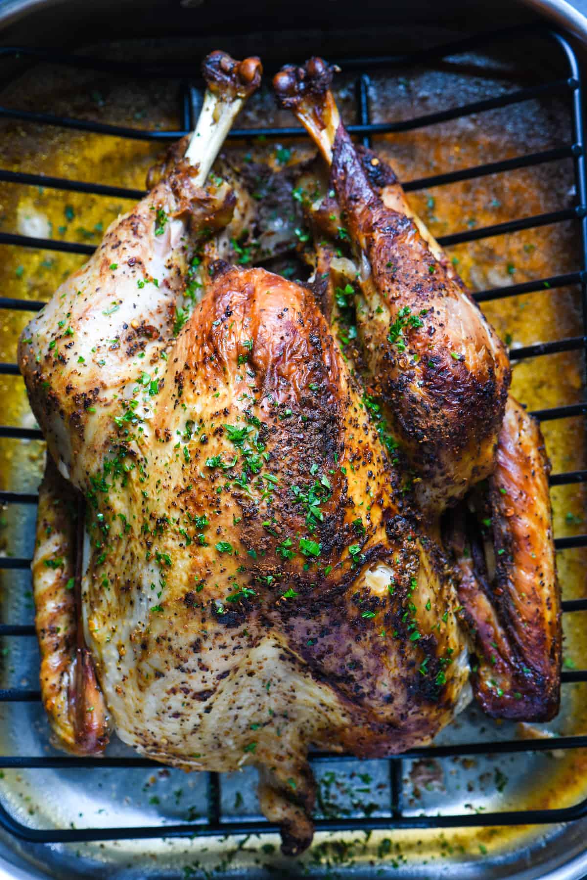 A roasted turkey rubbed with Cajun turkey rub, roasted and garnished with herbs, on a roasting rack inside a roasting pan.