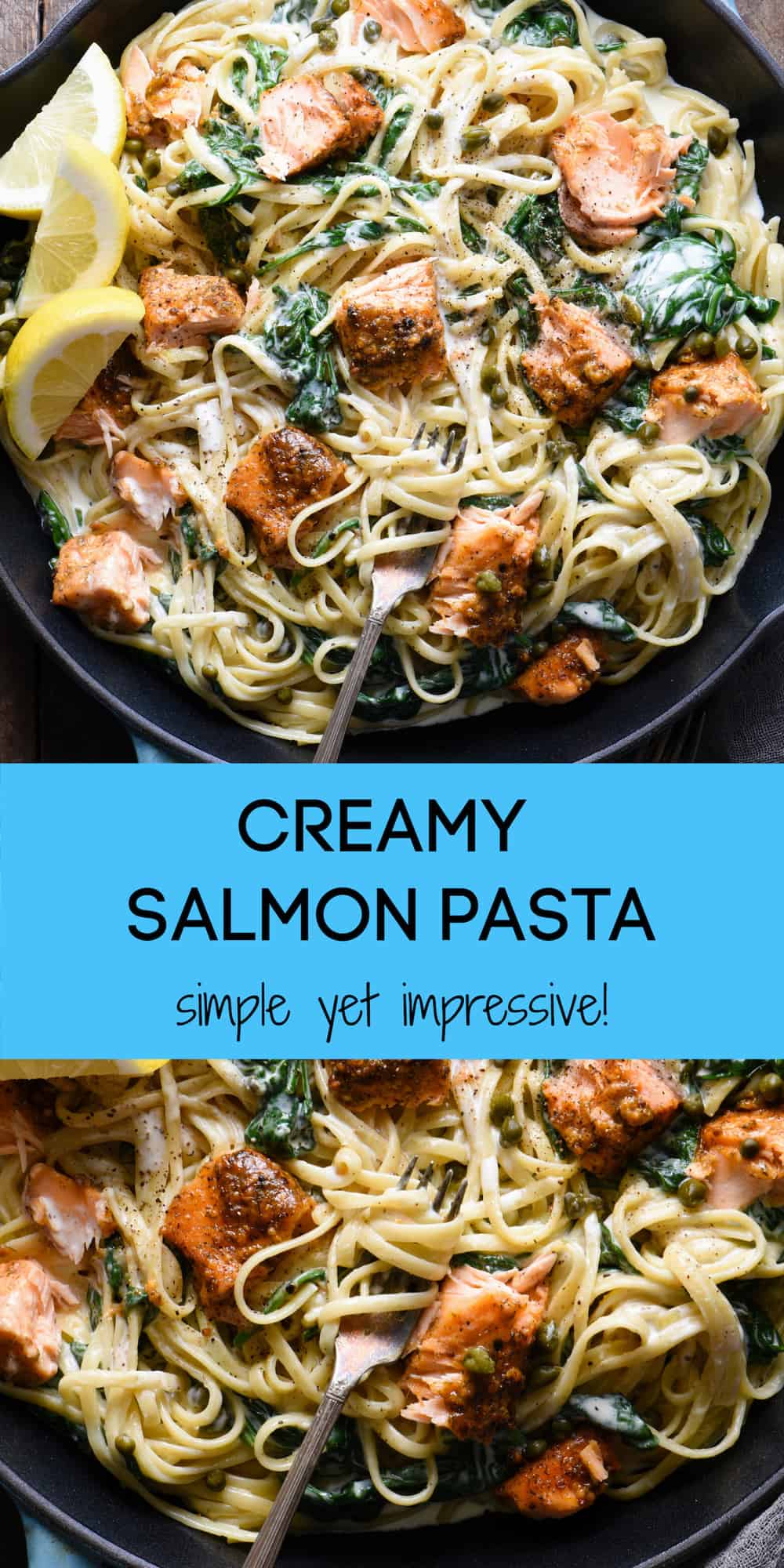 A collage of images with overlay "CREAMY SALMON PASTA simple yet impressive!"