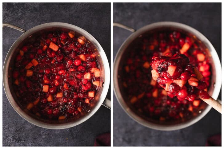 Two images showing the process of cooking a fruit compote.