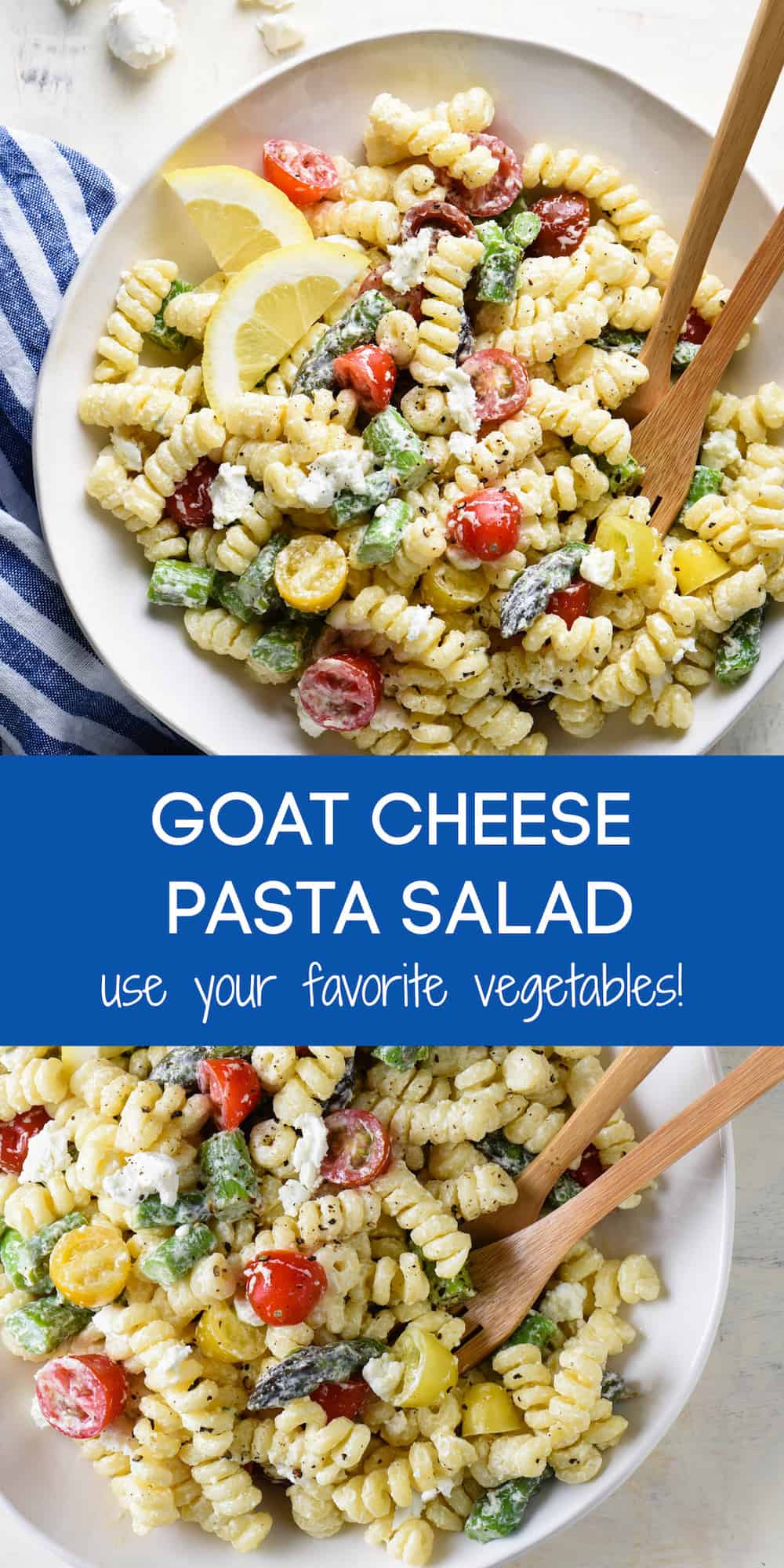 This creamy goat cheese pasta salad is simple to put together and will become a family favorite! Customize with any vegetables you like. | foxeslovelemons.com