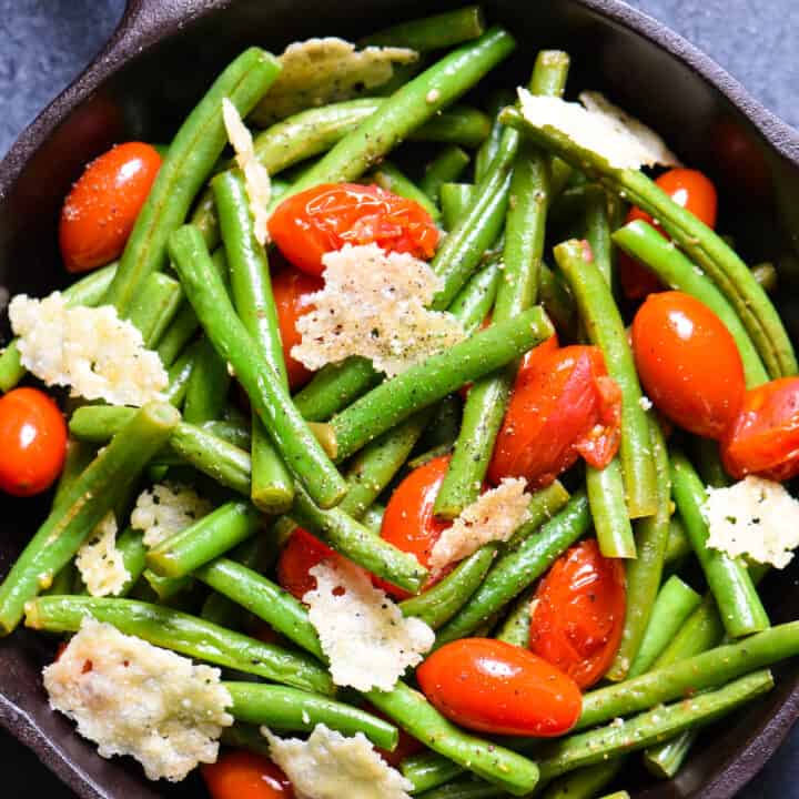 Sautéed Green Beans with Tomatoes & Crispy Parmesan - A simple but fancy-looking side dish for any special meal. | foxeslovelemons.com