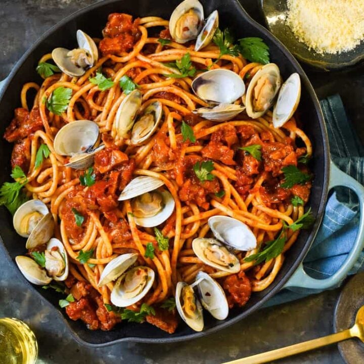 Pasta all'Amatriciana with Clams - A rich, Roman-style pasta that you can easily make at home! | foxeslovelemons.com
