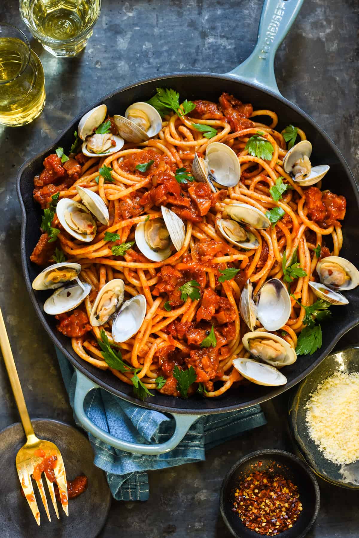 Pasta all'Amatriciana with Clams - A rich, Roman-style pasta that you can easily make at home! | foxeslovelemons.com