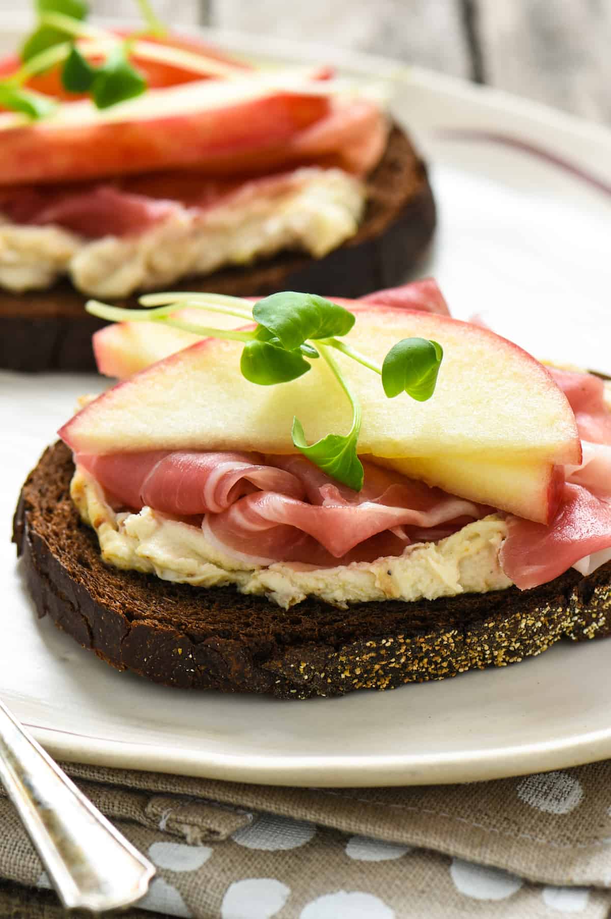 Figgy Goat Cheese Tartines with Apple & Prosciutto - Make like the French and have a plate of tartines (open-faced sandwiches) for a brunch or a light dinner! | foxeslovelemons.com