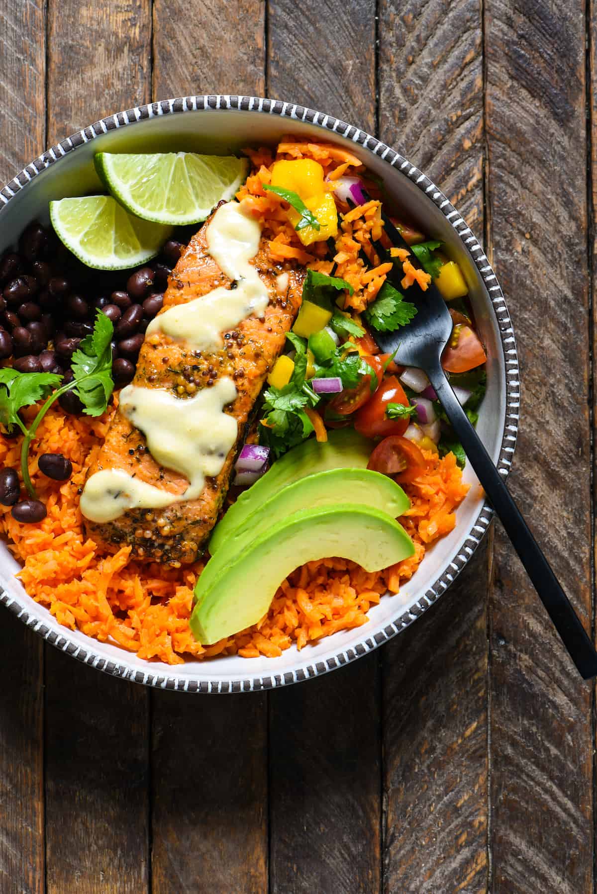 Fish Taco Bowls with Sweet Potato Rice - A colorful, healthful weeknight meal with fresh, bold flavors! | foxeslovelemons.com