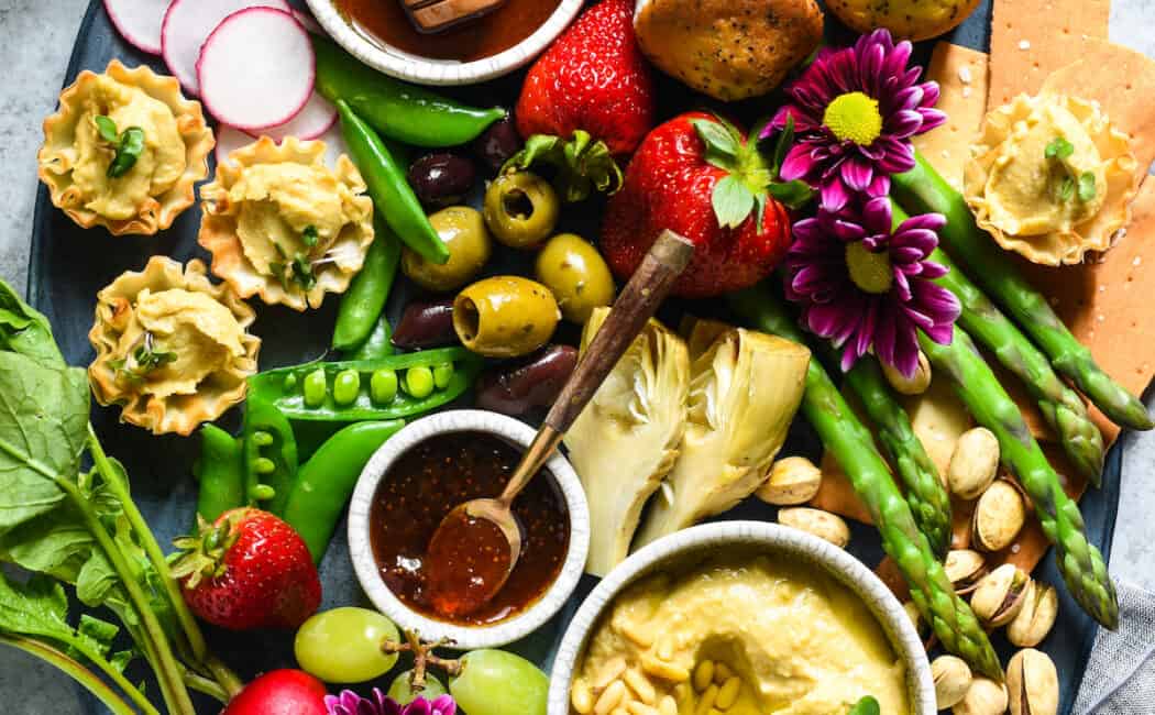 Spring Snack Platter with Hummus Phyllo Bites - A fresh, satisfying unofficial meal filled with seasonal produce and fun goodies. | foxeslovelemons.com