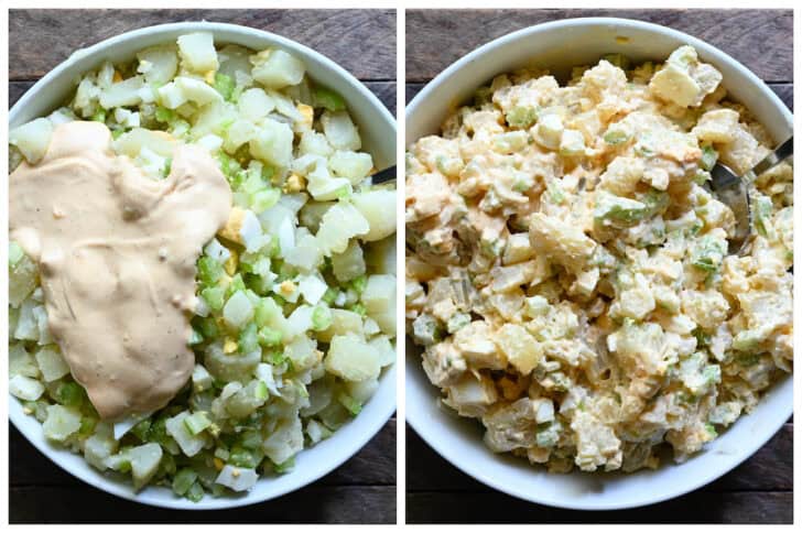 Before an after photos showing egg potato salad being dressed with sauce.