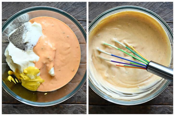 Before an after photos showing an orange sauce being whisked together.