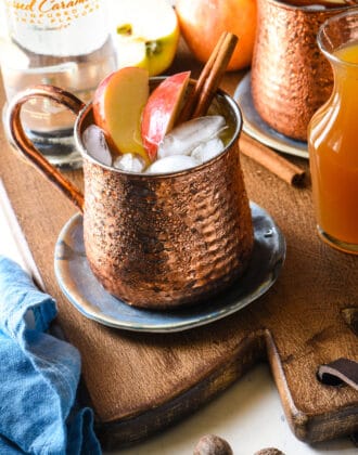 Copper moscow mule mug filled with apple cider and vodka, garnished with fresh apple slices and cinnamon sticks.