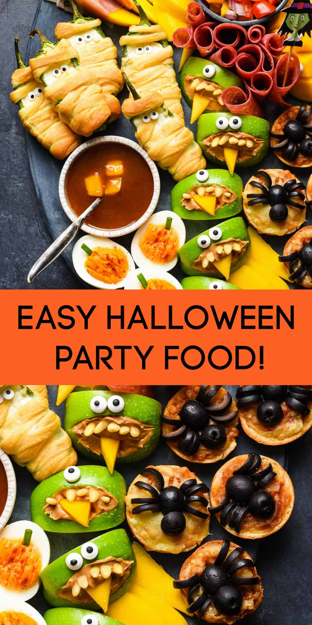 Collage of spooky Halloween food with overlay: EASY HALLOWEEN PARTY FOOD!
